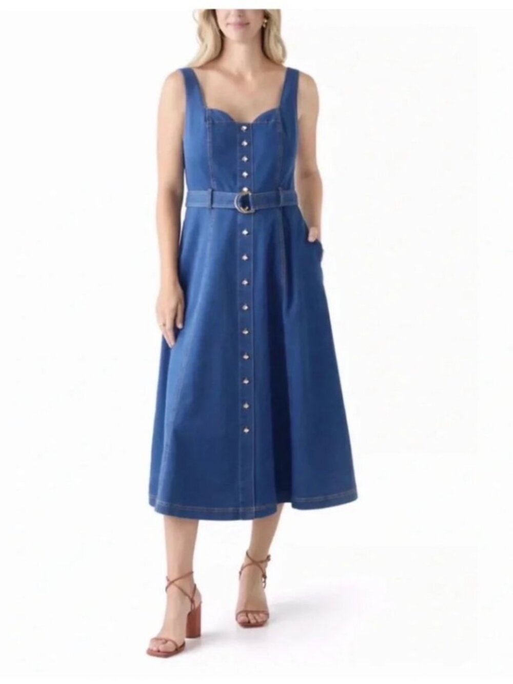 JASON WU Women 4 Denim Midi Dress Button Front Sweetheart Neckline Belt Waist